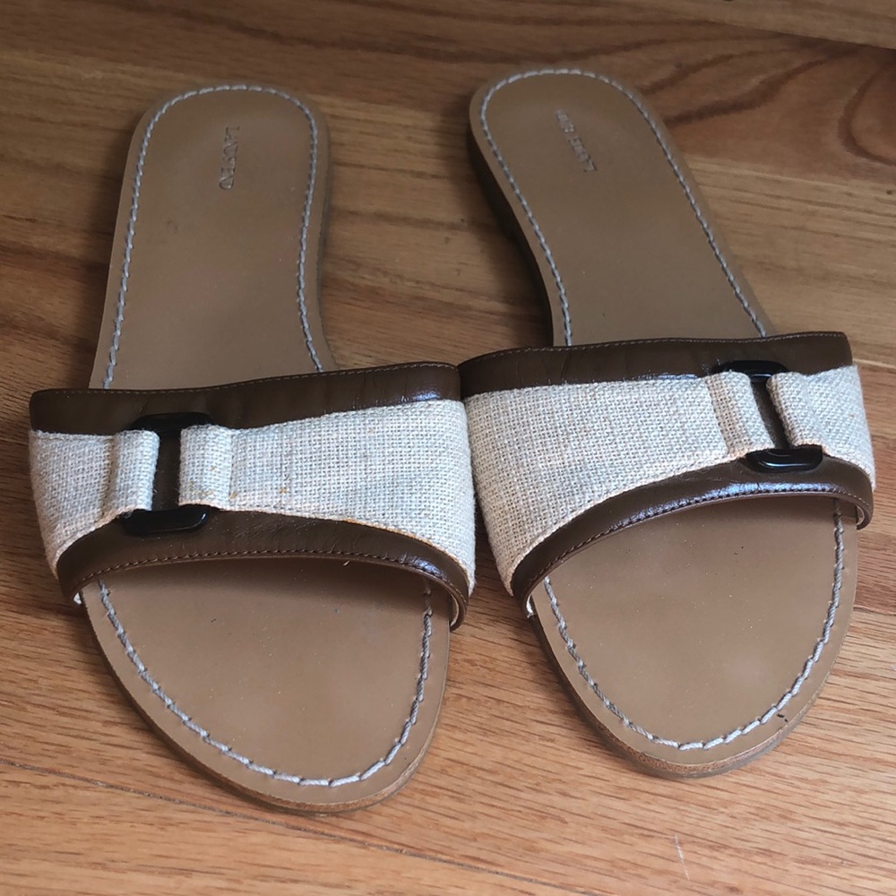 Lands' End Cream Woven Slide Sandals with Brown Trim and Buckle